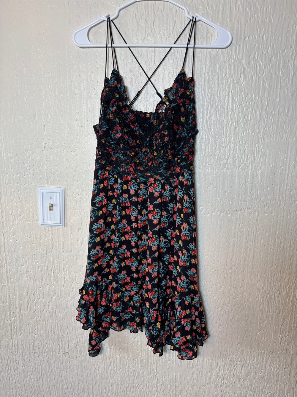 Free People Black Floral Midi Dress with Pink & Green Accents Women Size Large